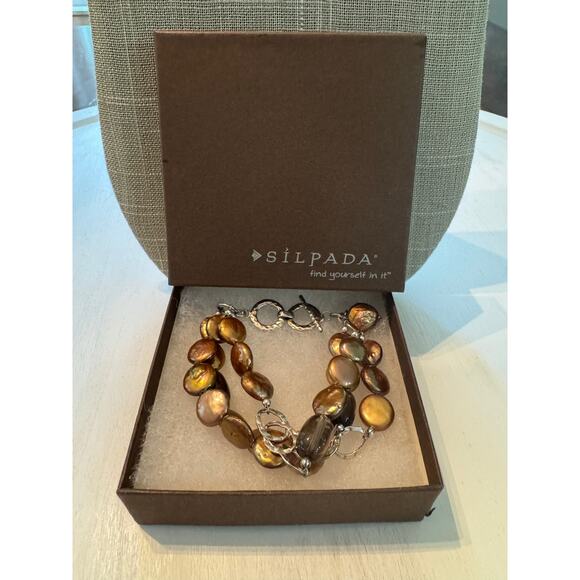 Retired Silpada Bronze Pearl Smokey Quartz 3 strand Sterling Silver Bracelet - Picture 1 of 7